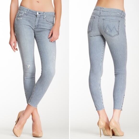 MOTHER Denim Blue White The Looker Ankle Zip Striped Skinny Jeans Pants Women 24 - Picture 1 of 15